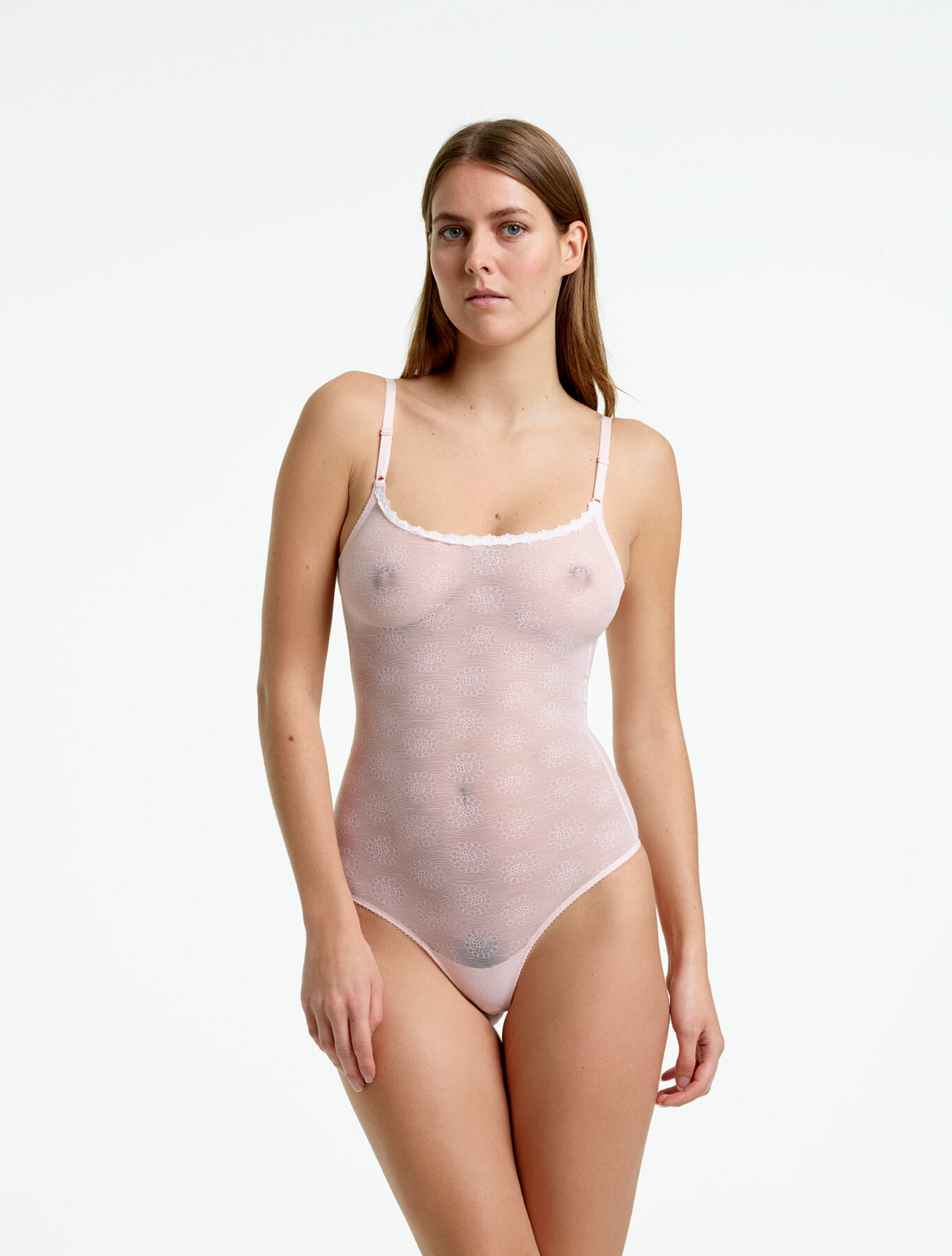 Yasmine Eslami – Sheer dusty pink tulle thong bodysuit, thin straps and fitted cut